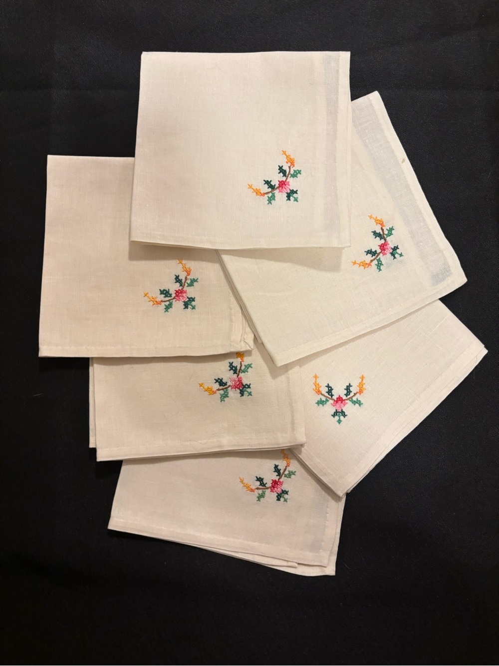 Cottagecore Embroidered Cream Linen Cocktail Napkins - Set of 6